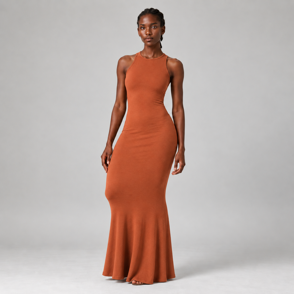Flute Halter Maxi Dress in Rust